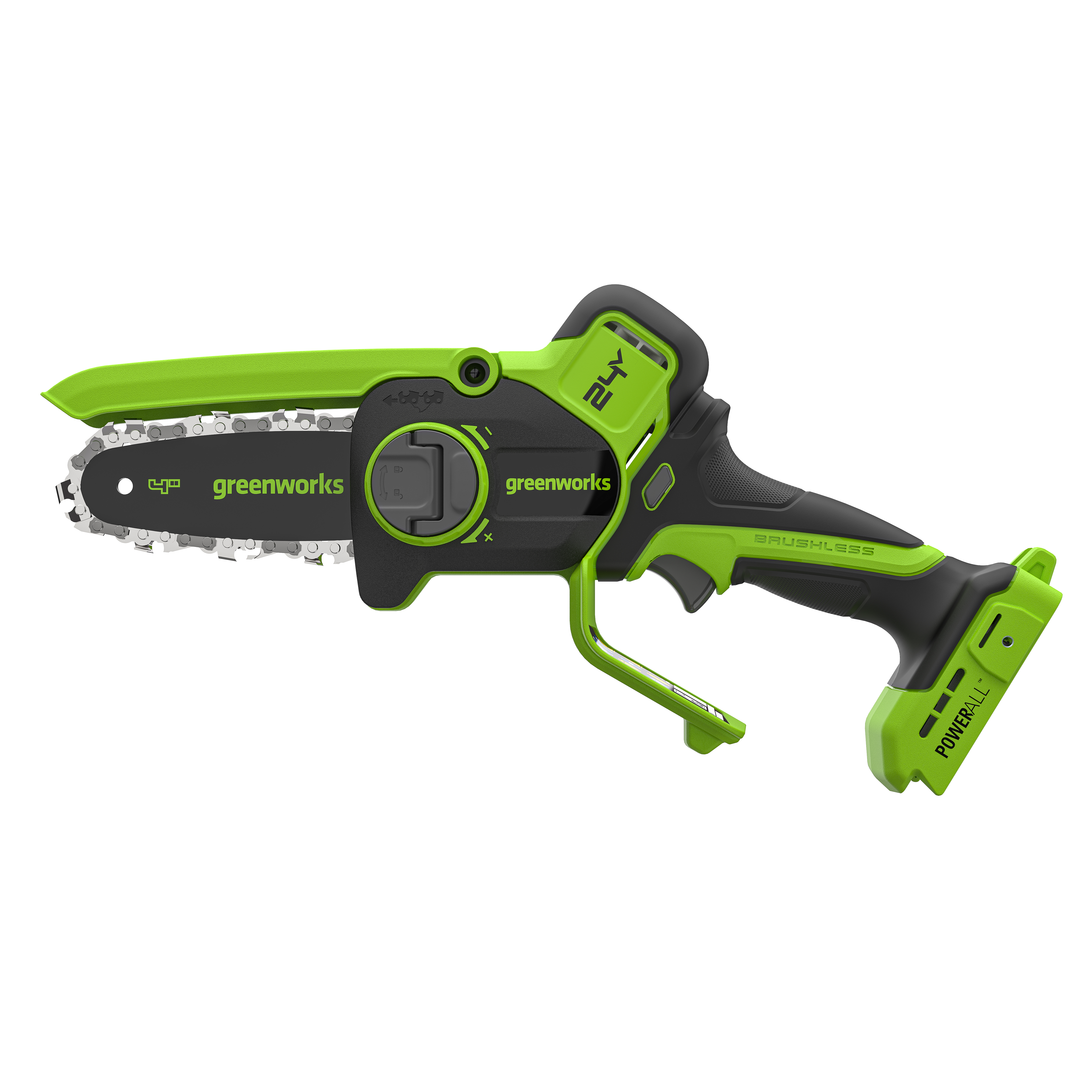 Мини-пила аккумуляторная цепная Greenworks 10 см 24V CS2410A с автоматической смазкой цепи, бесщёточная, без АКБ и ЗУ